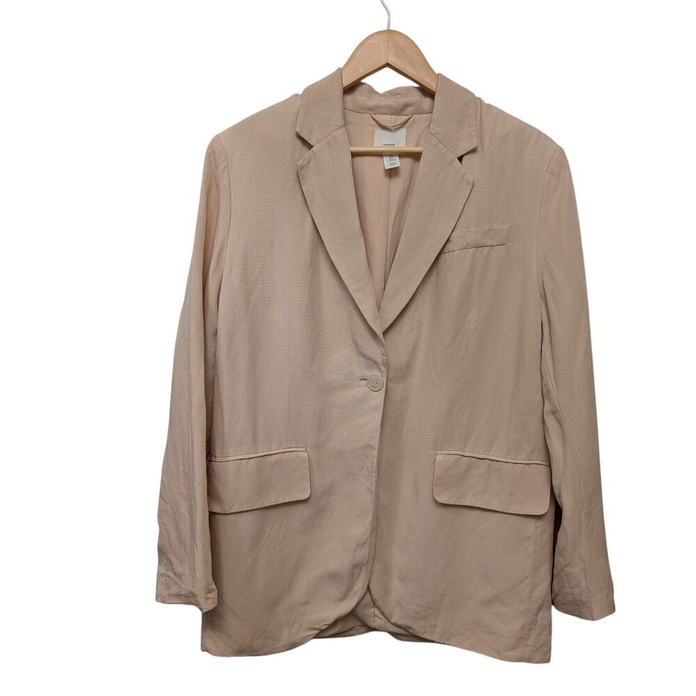H&M‎ One Button Single-Breasted Blazer Cream S Oversized Fit Linen-Blend Career